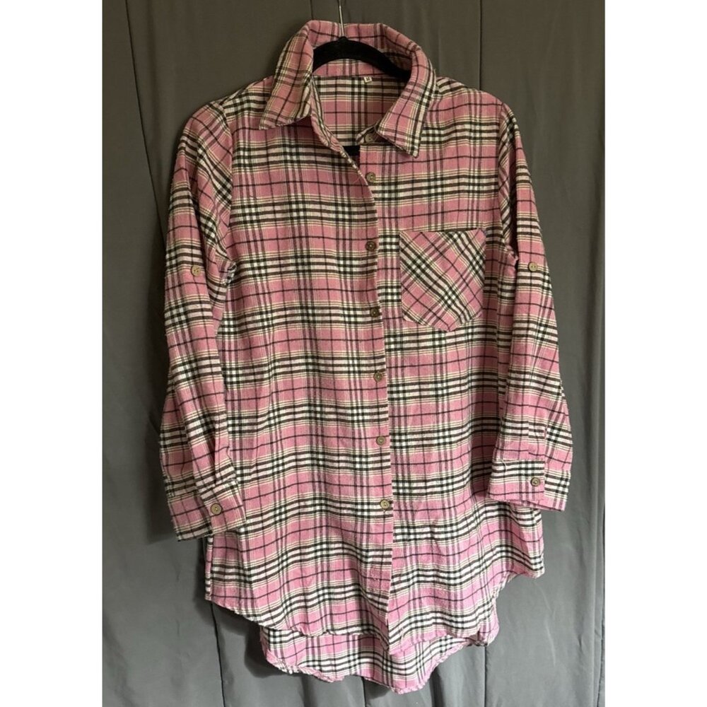 Womens Plaid Button Up Top Size Medium Pink Roll Tab Sleeve Country Ranch